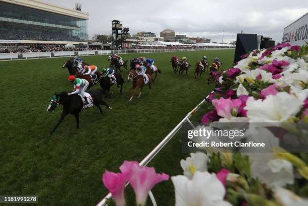 Damian Lane rides Mer De Glace wins race nine the Stella Artois Caulfield Cup during 2019 Caulfield Cup Day at Caulfield Racecourse on October 19,...