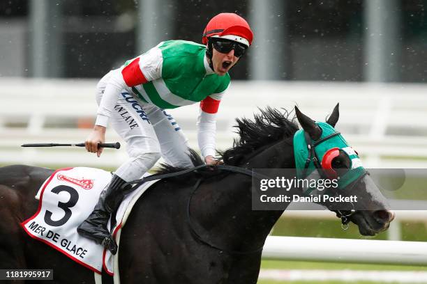 Damian Lane rides Mer De Glace to win race nine the Caulfield Cup during 2019 Caulfield Cup Day at Caulfield Racecourse on October 19, 2019 in...