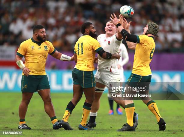Sam Underhill of England battles for the ball with David Pocock and Marika Koroibete of Australia during the Rugby World Cup 2019 Quarter Final match...
