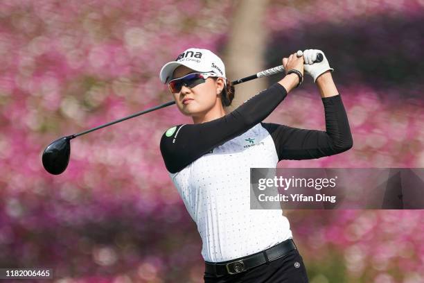 Minjee Lee of South Korea drives from a tee during Round 3 of 2019 Buick LPGA Shanghai at Shanghai Qizhong Garden Golf Club on October 19, 2019 in...