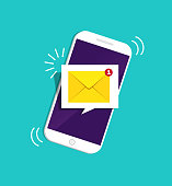 Smartphone with notification sms on screen.Alert of new message mail on mobile phone. Unread sms message on screen of cellphone. Reminder inbox notice. 3d flat design vector illustration