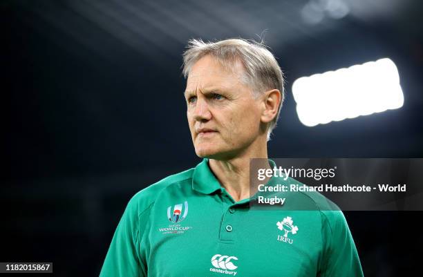 Joe Schmidt, Head Coach of Ireland looks on prior to the Rugby World Cup 2019 Quarter Final match between New Zealand and Ireland at the Tokyo...