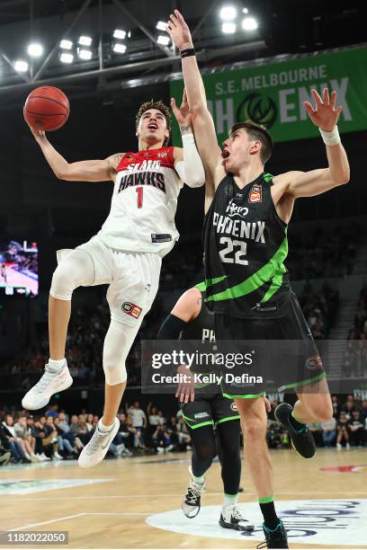 LaMelo Ball of the Hawks drives to the basket during the round three NBL match between the South East Melbourne Phoenix and the Illawarra Hawks on...