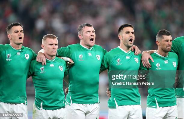 Johnny Sexton, Keith Earls, Peter O'Mahony, Conor Murray and Rob Kearney sing the national anthem prior to the Rugby World Cup 2019 Quarter Final...