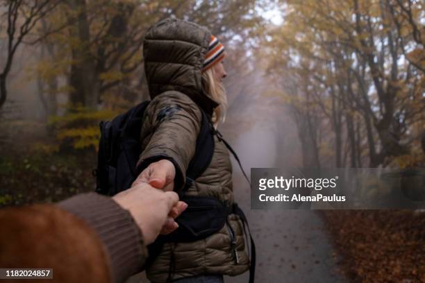 follow me, woman holding hand and walking through beautiful autumn colored forest - slovenia winter stock pictures, royalty-free photos & images