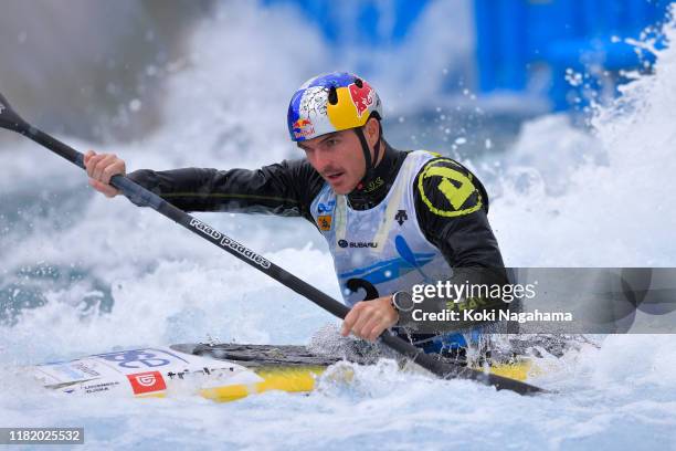 Peter Kauzer of Slovenia competes during the the Men's Kayak Slalom Heats 1st Run on day two of the Canoe Slalom NHK Trophy at the Kasai Slalom...