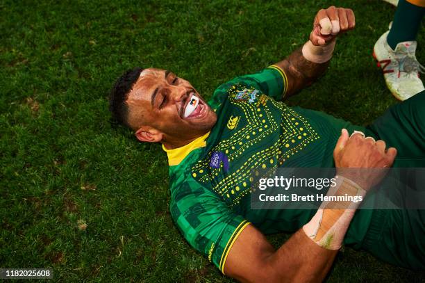 Josh Addo-Carr of Australia celebrates victory during the Final Rugby League World Cup 9s match between Australia and New Zealand at Bankwest Stadium...