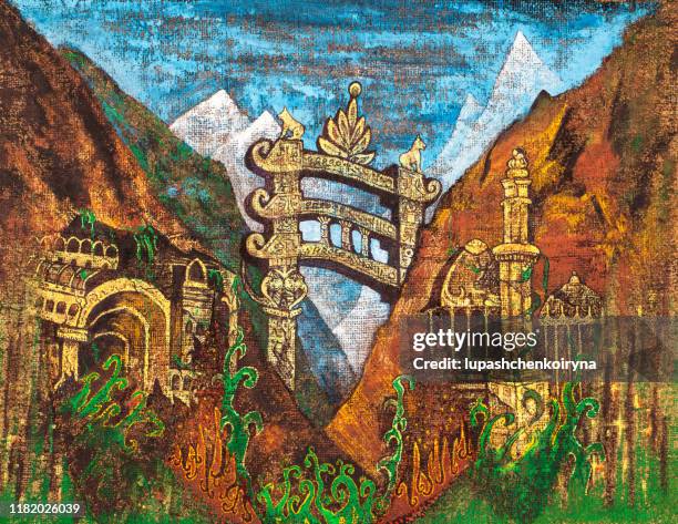 fashionable illustration modern work of art  oil painting  allegory fairytale decorative horizontal landscape symbol ancient india history monument of architecture and buddhism great stupa in sanchi
against a bright blue sky mountain range - antiquities stock illustrations