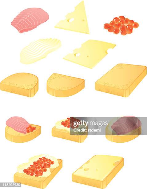 appetizers - open faced sandwich on white stock illustrations