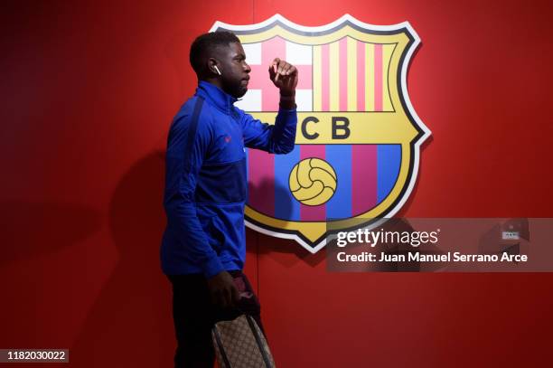 Samuel Umtiti of FC Barcelona arrives to the stadium during the Liga match between SD Eibar SAD and FC Barcelona at Ipurua Municipal Stadium on...