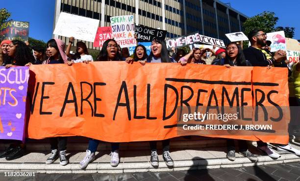 Students and supporters of DACA rally in downtown Los Angeles, California on November 12, 2019 as the US Supreme Court hears arguments to make a...