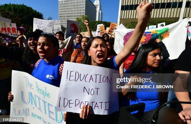 Students and supporters of DACA rally in downtown Los Angeles, California on November 12, 2019 as the US Supreme Court hears arguments to make a...