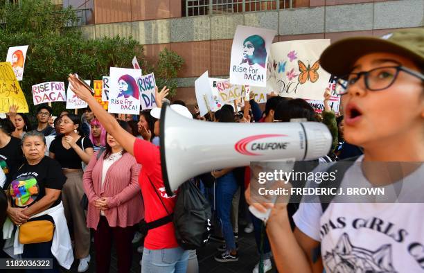 Students and supporters of DACA rally in downtown Los Angeles, California on November 12, 2019 as the US Supreme Court hears arguments to make a...