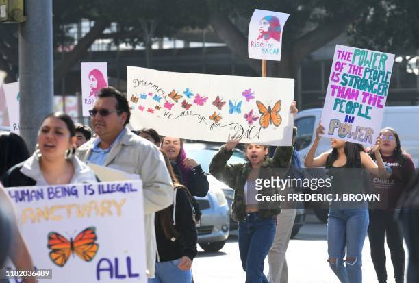 Students and supporters of DACA rally in downtown Los Angeles, California on November 12, 2019 as the US Supreme Court hears arguments to make a...