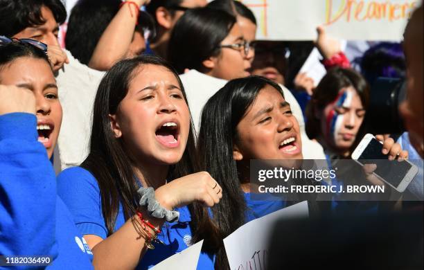 Students and supporters of DACA rally in downtown Los Angeles, California on November 12, 2019 as the US Supreme Court hears arguments to make a...