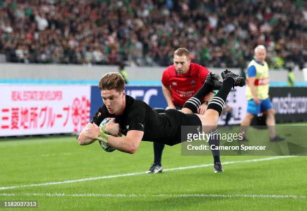 Jordie Barrett of New Zealand scores his team's seventh try during the Rugby World Cup 2019 Quarter Final match between New Zealand and Ireland at...
