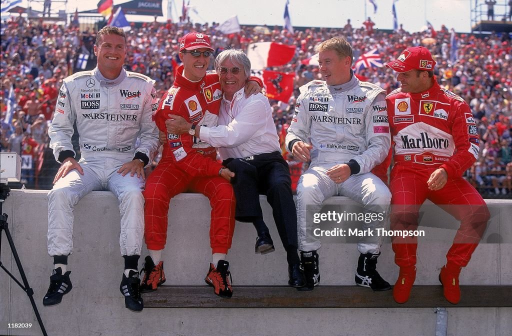 David Coulthard, Michael Schumacher, Bernie Ecclestone, Mika Hakkinen, Rubens Barrichello