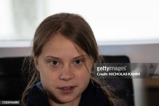 Swedish climate activist Greta Thunberg speaks to AFP during an interview aboard La Vagabonde, the boat she will be taking to return to Europe, in...