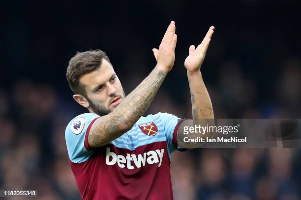 Jack Wilshere of West Ham United shows appreciation to fans after the Premier League match between Everton FC and West Ham United at Goodison Park on...