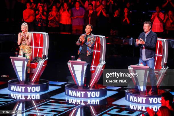 Blind Auditions" -- Pictured: Gwen Stefani, John Legend, Blake Shelton --