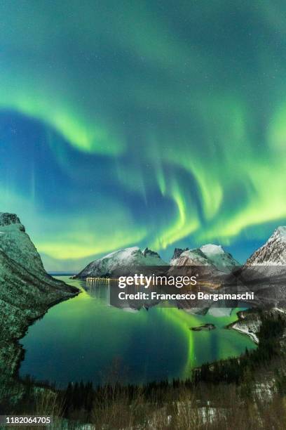 the aurora borealis lights up in the sky and is reflected in the fjord. northern norway, europe. - fjord stock pictures, royalty-free photos & images