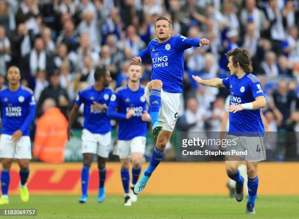 Jamie Vardy of Leicester City celebrates after scoring his team's first goal during the Premier League match between Leicester City and Burnley FC at...