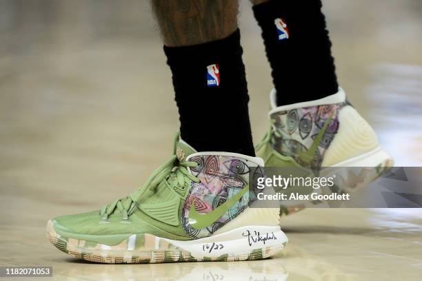 Detail view of Kyrie Irving of the Brooklyn Nets' Nike shoes during a game against the Utah Jazz at Vivint Smart Home Arena on November 12, 2019 in...