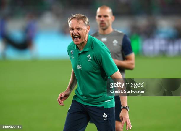 Ireland coach Joe Schmidt reacts during the warm up before the Rugby World Cup 2019 Quarter Final match between New Zealand and Ireland at the Tokyo...