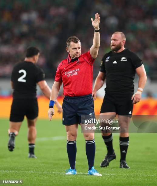 Referee Nigel Owens makes a decision during the Rugby World Cup 2019 Quarter Final match between New Zealand and Ireland at the Tokyo Stadium on...