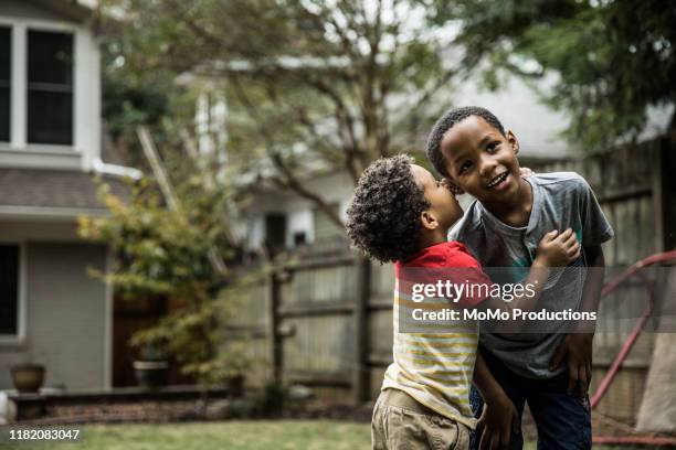 young boys (3 yrs and 6yrs) playing in backyard - child whispering stockfoto's en -beelden