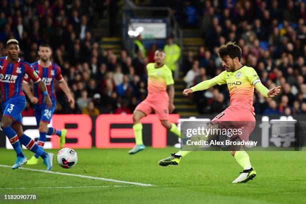 David Silva of Manchester City scores his team's second goal during the Premier League match between Crystal Palace and Manchester City at Selhurst...