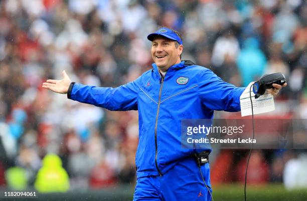 Head coach Dan Mullen of the Florida Gators reacts during their game against the South Carolina Gamecocks at Williams-Brice Stadium on October 19,...