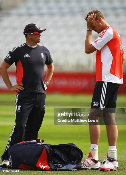 Andy Flower, Coach of England talks to Stuart Broad during an England nets session at Trent Bridge on July 5, 2011 in Nottingham, England.