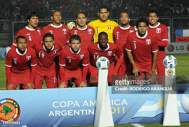 Peru's defender Walter Vilchez, midfielder Adan Balbin, forward Paolo Guerrero, goalkeeper Raul Fernandez, defender Alberto Rodriguez and midfielder...