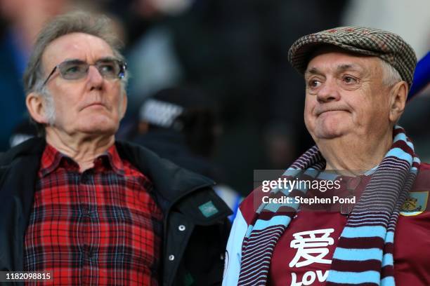 Burnley fans look on dejected during the Premier League match between Leicester City and Burnley FC at The King Power Stadium on October 19, 2019 in...