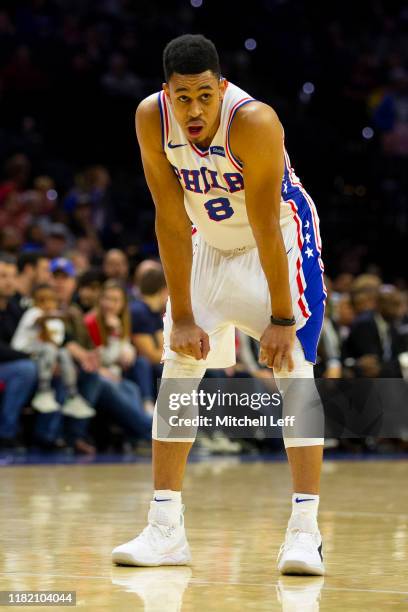 Zhaire Smith of the Philadelphia 76ers looks on against the Washington Wizards during the preseason game at the Wells Fargo Center on October 18,...