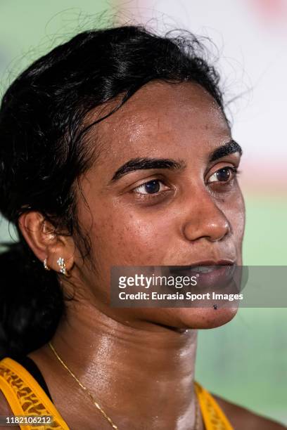 Prannoy Haseena Sunil Kumar of India talks to media after winning the women's singles against Kim Ga Eun of South Korea on day two of the...