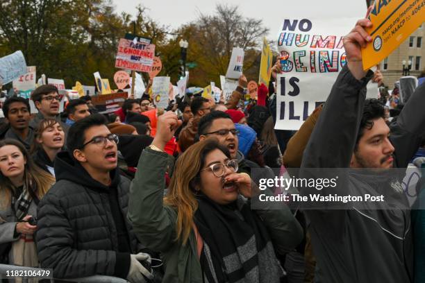 Arlin Karina Tellez, C, a DACA recipient and student at Trinity Washington University, is among the demonstrators gathered in front of the United...