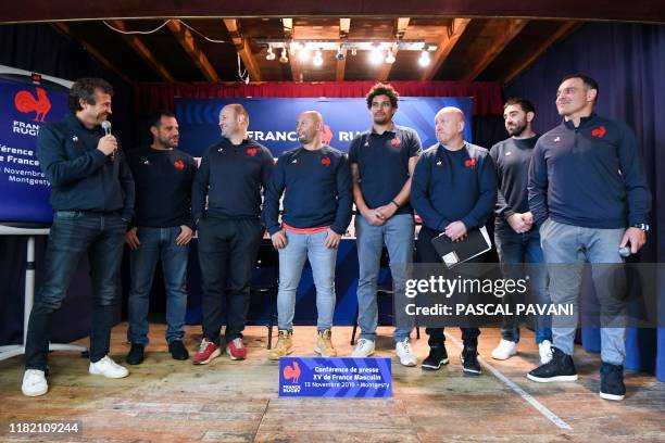 France's head coach Fabien Galthie introduces the new staff of the French rugby team with Laurent Labit, William Servat, Thibault Giroud, Karim...