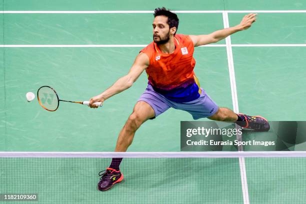 Parupalli Kashyap of India in action during the men's singles against Kenta Nishimoto of Japan on day two of the Yonex-Sunrise Hong Kong Open at the...