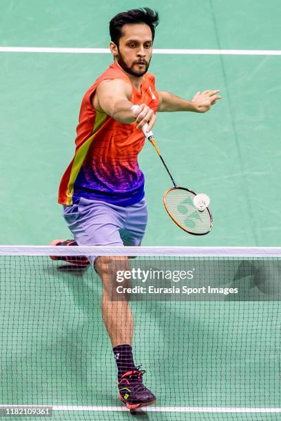 Parupalli Kashyap of India in action during the men's singles against Kenta Nishimoto of Japan on day two of the Yonex-Sunrise Hong Kong Open at the...