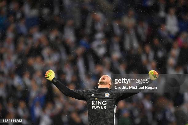 Kasper Schmeichel of Leicester City celebrates on the final whistle during the Premier League match between Leicester City and Burnley FC at The King...
