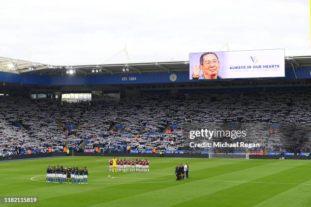 Tributes are seen for former Leicester City owner Vichai Srivaddhanaprabha during the Premier League match between Leicester City and Burnley FC at...