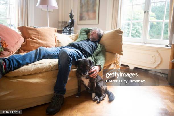 man at home with his mixed breed dog - mixed breed dog stock-fotos und bilder