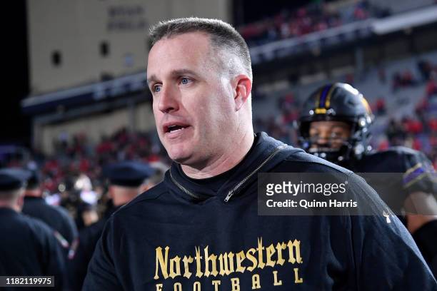Head coach Pat Fitzgerald of the Northwestern Wildcats reacts after the game against the Ohio State Buckeyes at Ryan Field on October 18, 2019 in...