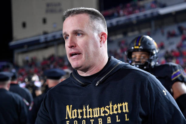 Head coach Pat Fitzgerald of the Northwestern Wildcats reacts after the game against the Ohio State Buckeyes at Ryan Field on October 18, 2019 in...