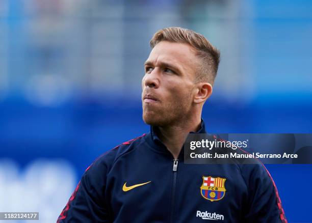 Arthur Melo of FC Barcelona looks on prior to the start the La Liga match between SD Eibar SAD and FC Barcelona at Ipurua Municipal Stadium on...