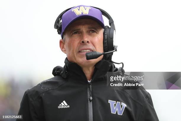 Head Coach Chris Petersen of the Washington Huskies looks on against the Oregon Ducks in the second quarter during their game at Husky Stadium on...