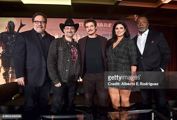 Executive producers/writers Jon Favreau, Dave Filoni, actors Pedro Pascal, Gina Carano and Carl Weathers of Lucasfilm's "The Mandalorian" at the...