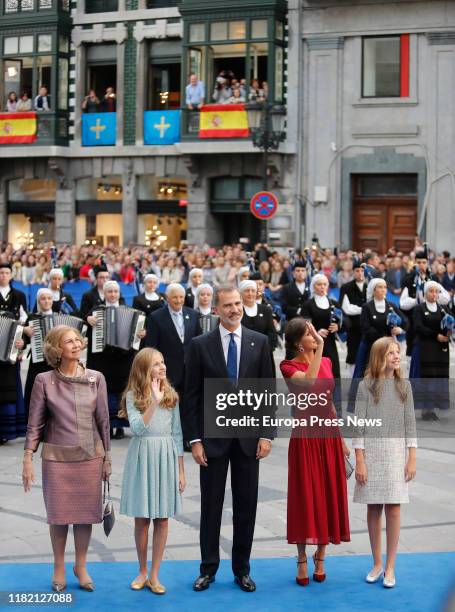 Queen Sofía, Princess Leonor, King Felipe VI, Queen Letizia, and Infanta Sofía, on their arrival at the Ceremony for the Princess of Asturias 2019...